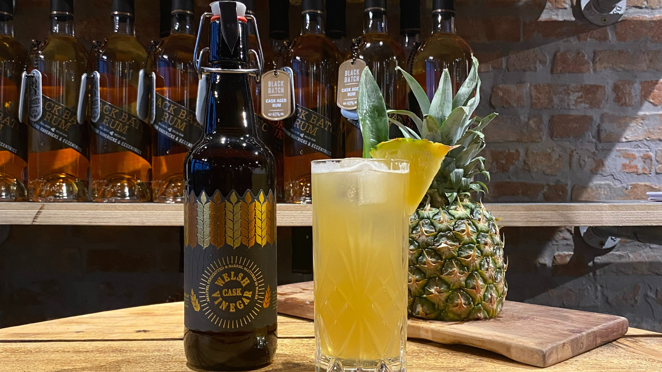 A cask pineapple shrub made with In the Welsh Wind Welsh cask vinegar