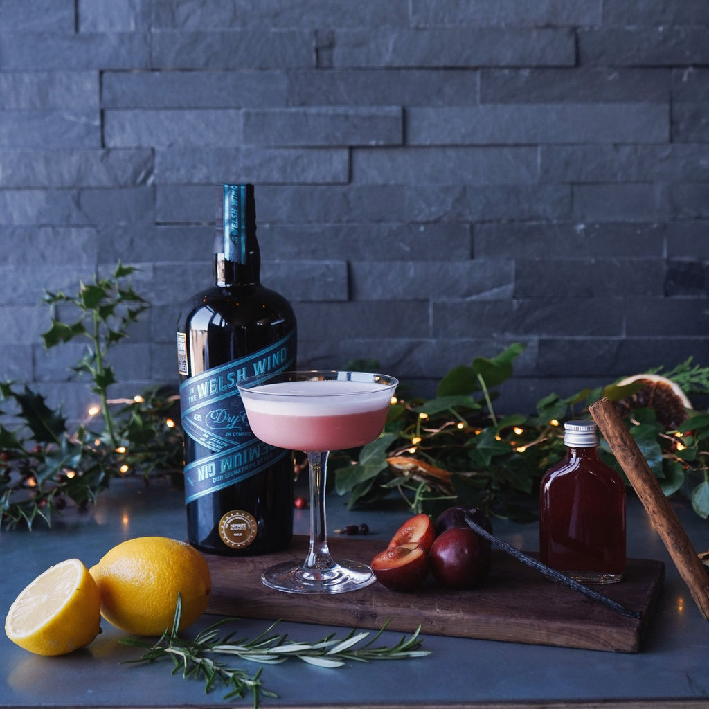 a picture of a gin cocktail with a bottle of gin lemons plums cinnamon stick and a festive background