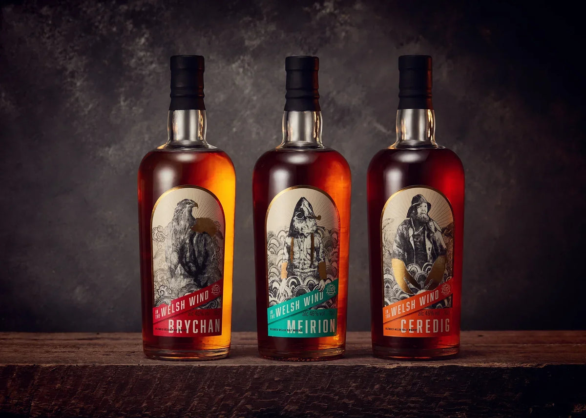 Brychan, Ceredig and Meirion blended Welsh malt whisky bottles together
