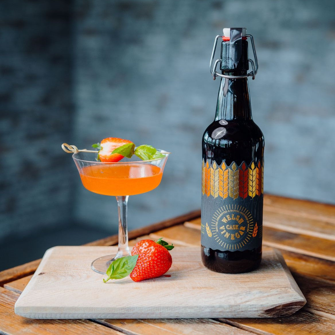 bottle of Welsh Cask Vinegar and cocktail