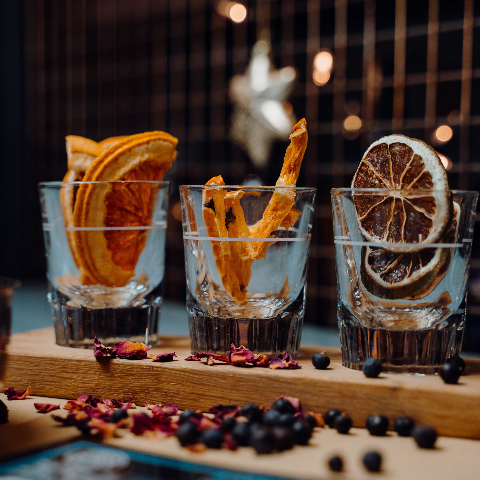 Gin tasting glasses with garnishes at In the Welsh Wind