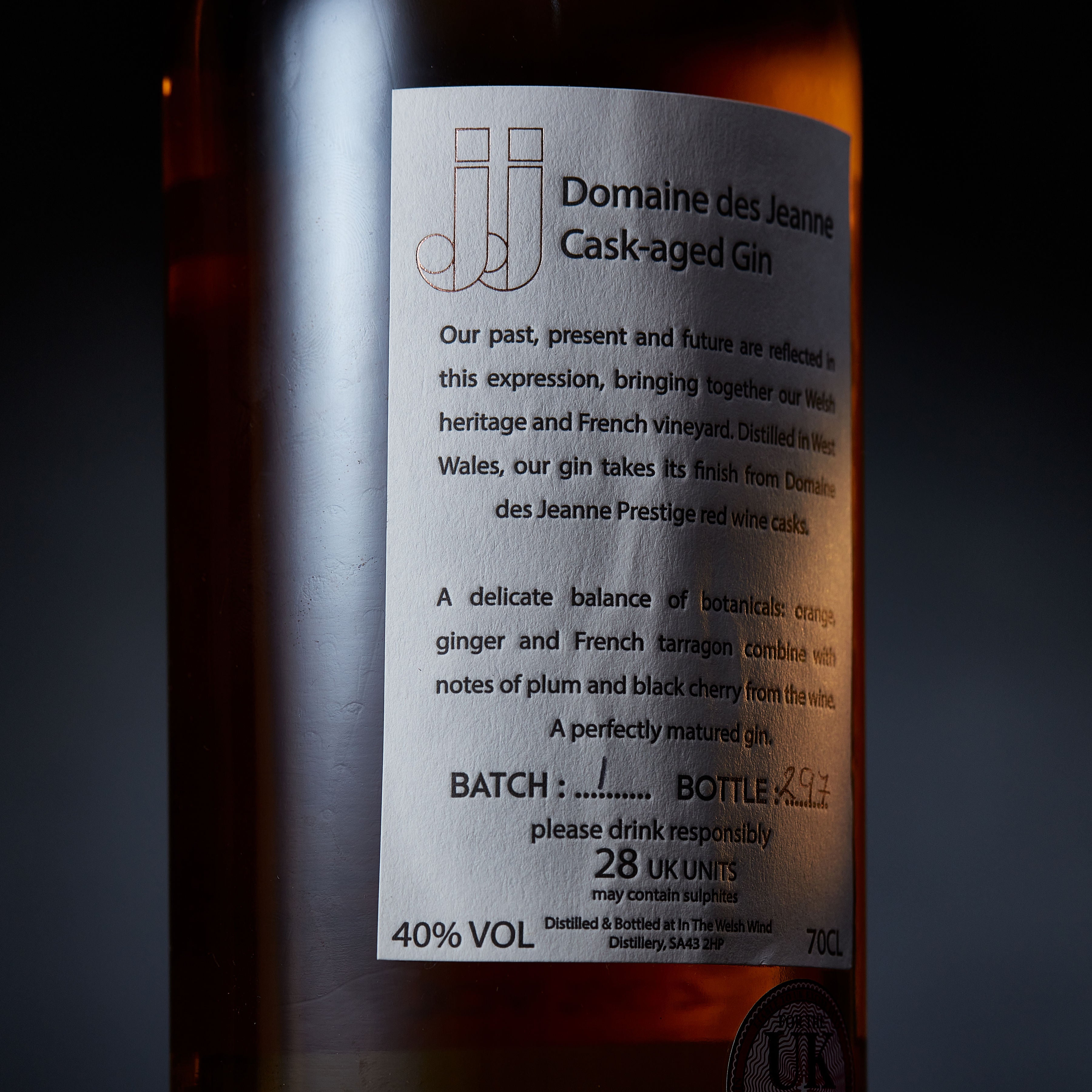 Bottle of Domaine des Jeanne cask-aged gin by In the Welsh Wind