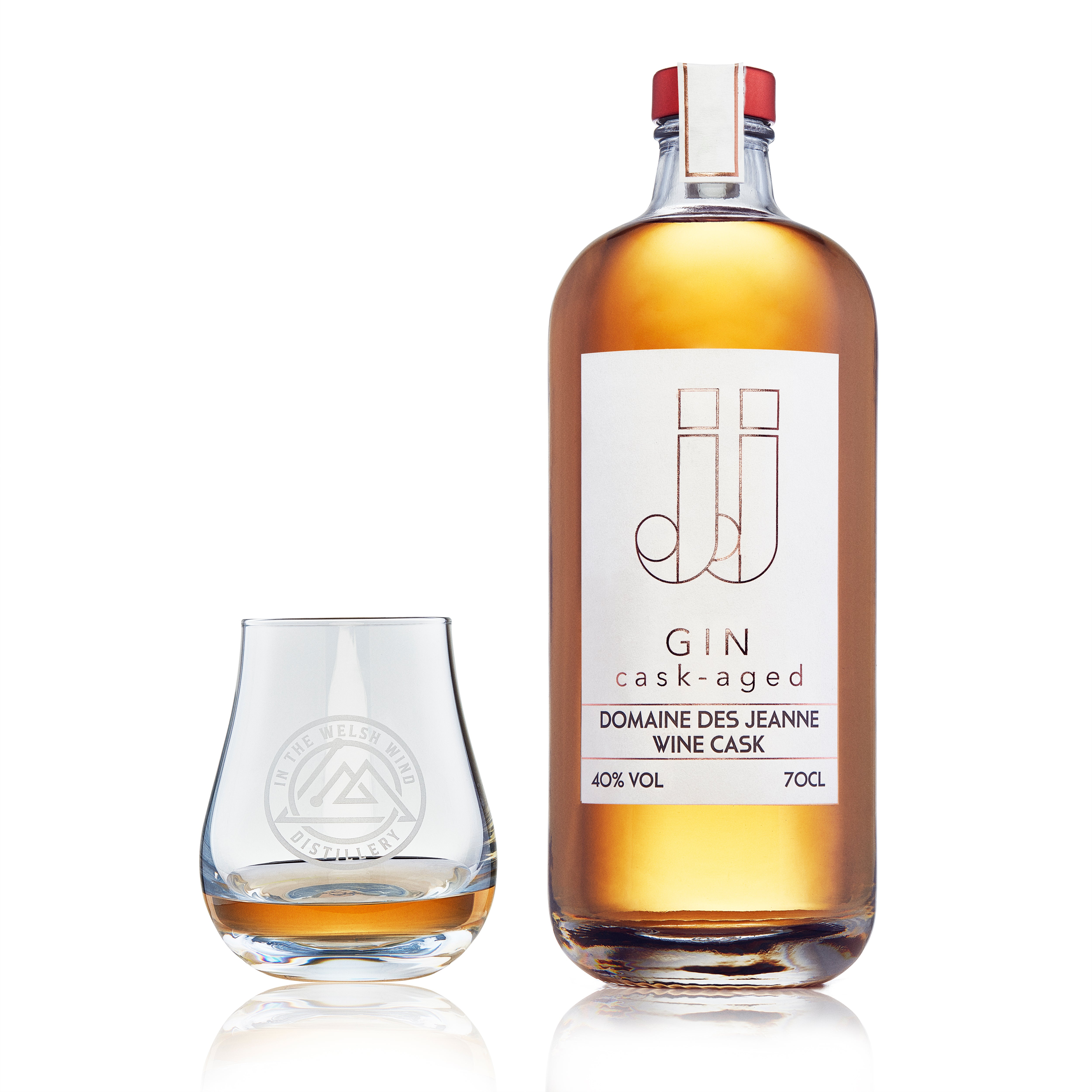 Bottle of Domaine des Jeanne cask-aged gin by In the Welsh Wind