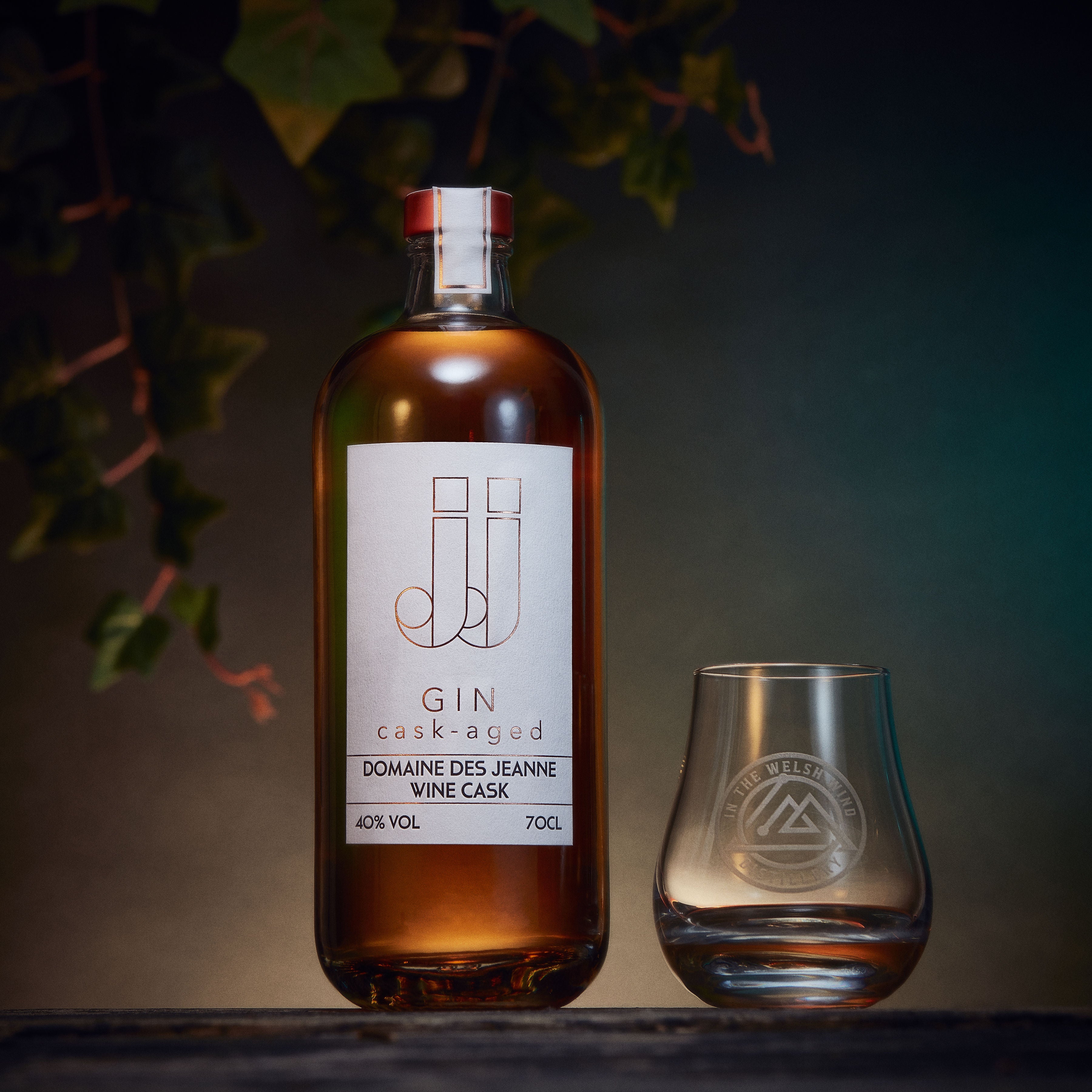 Bottle of Domaine des Jeanne cask-aged gin by In the Welsh Wind