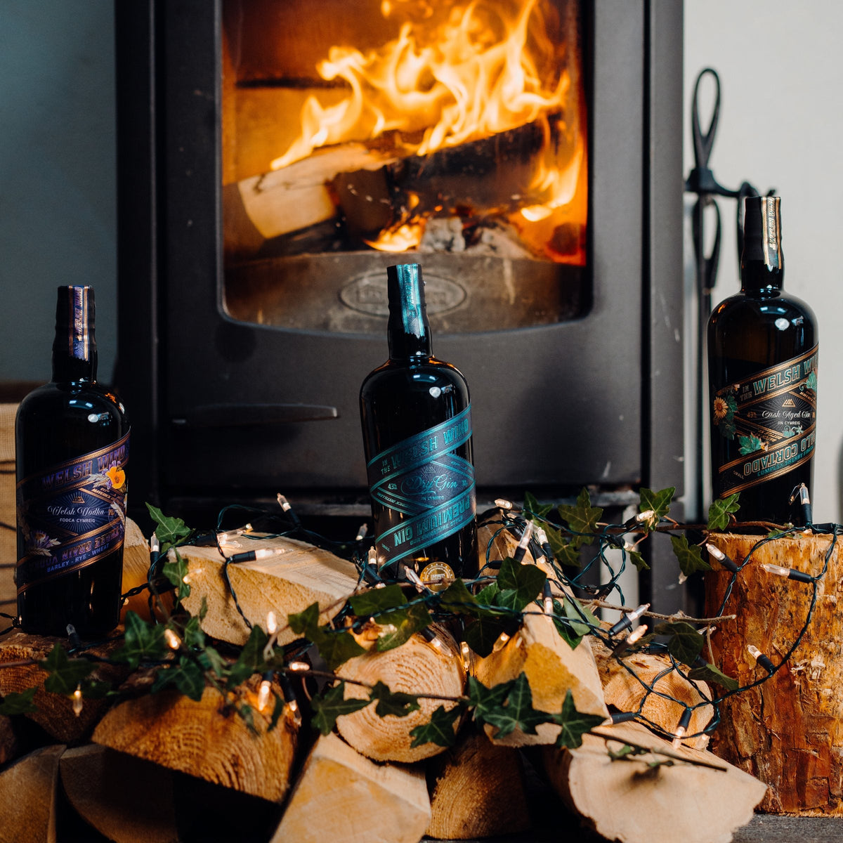 In the Welsh Wind vodka, Signature Style gin and Palo Cortado gin by a log burner at Christmas