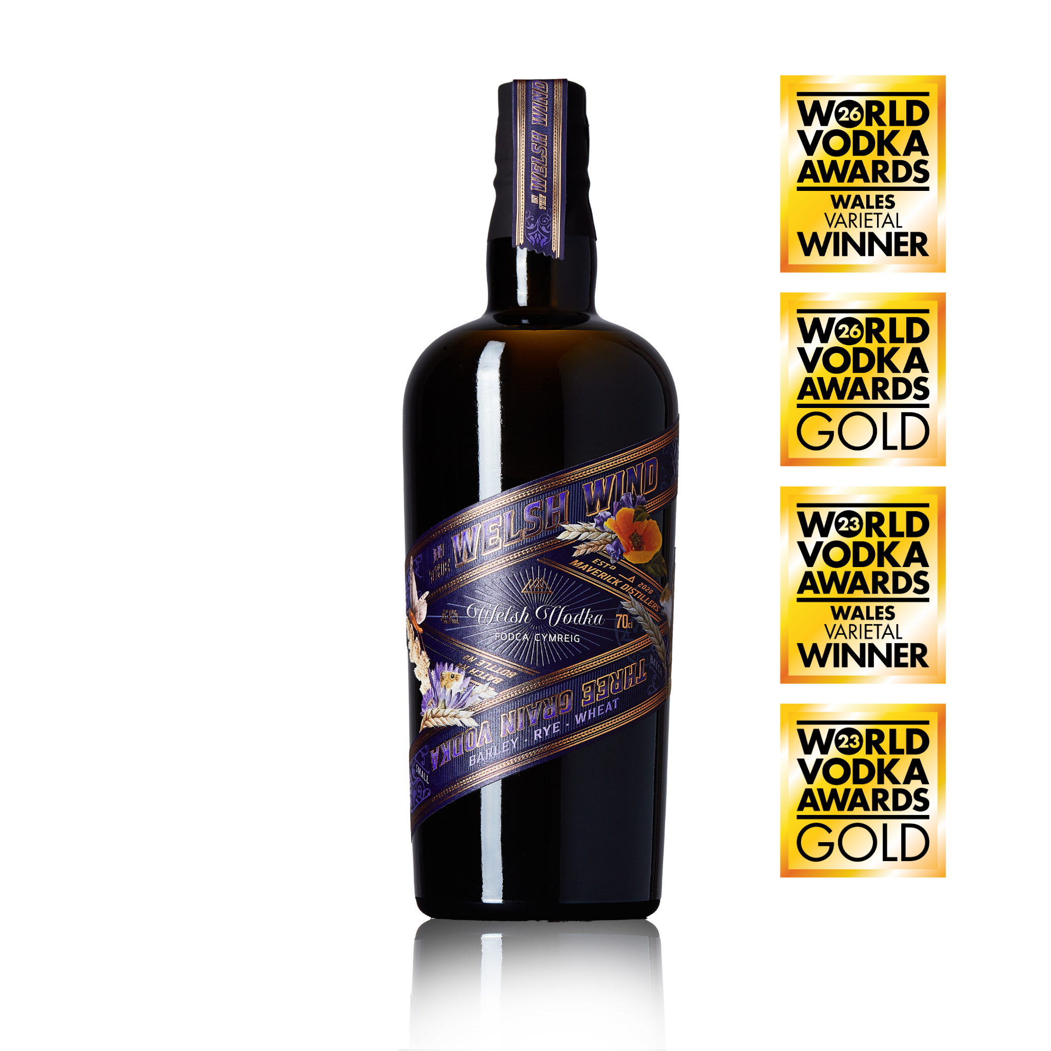 Bottle of Three Grain Welsh vodka by In the Welsh Wind, 70cl, with award medals
